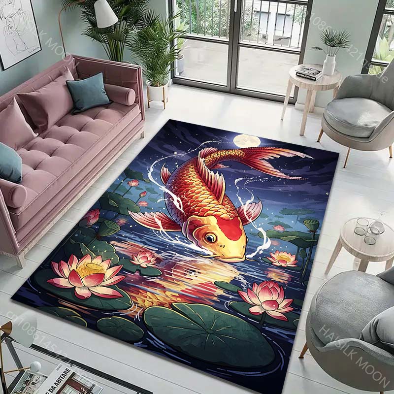 Multiple sizes Koi under moonlight water lilies Carpet for Living Room Bedroom Home Decor Rug Non-slip Floor Mat Luxury Gift