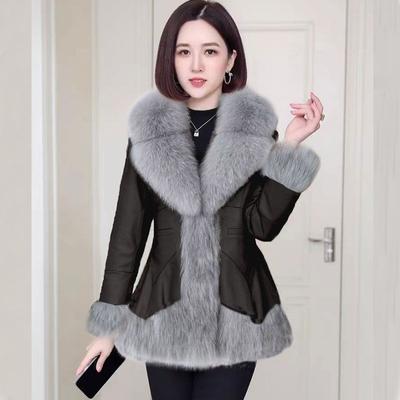 Winter Women's  Faux Fur Coats Slim V Neck Faux Fox Fur Coat Thickened PU Leather Jacket with Fur Collar