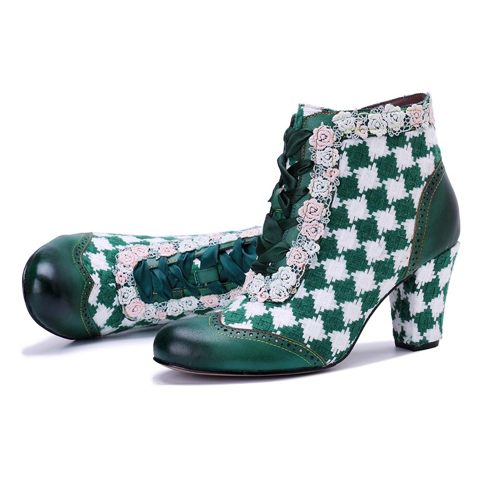 Johnature Women's High Heels Retro Genuine Leather Splicing Weaving Grid Pattern Flower Lace Short Boots