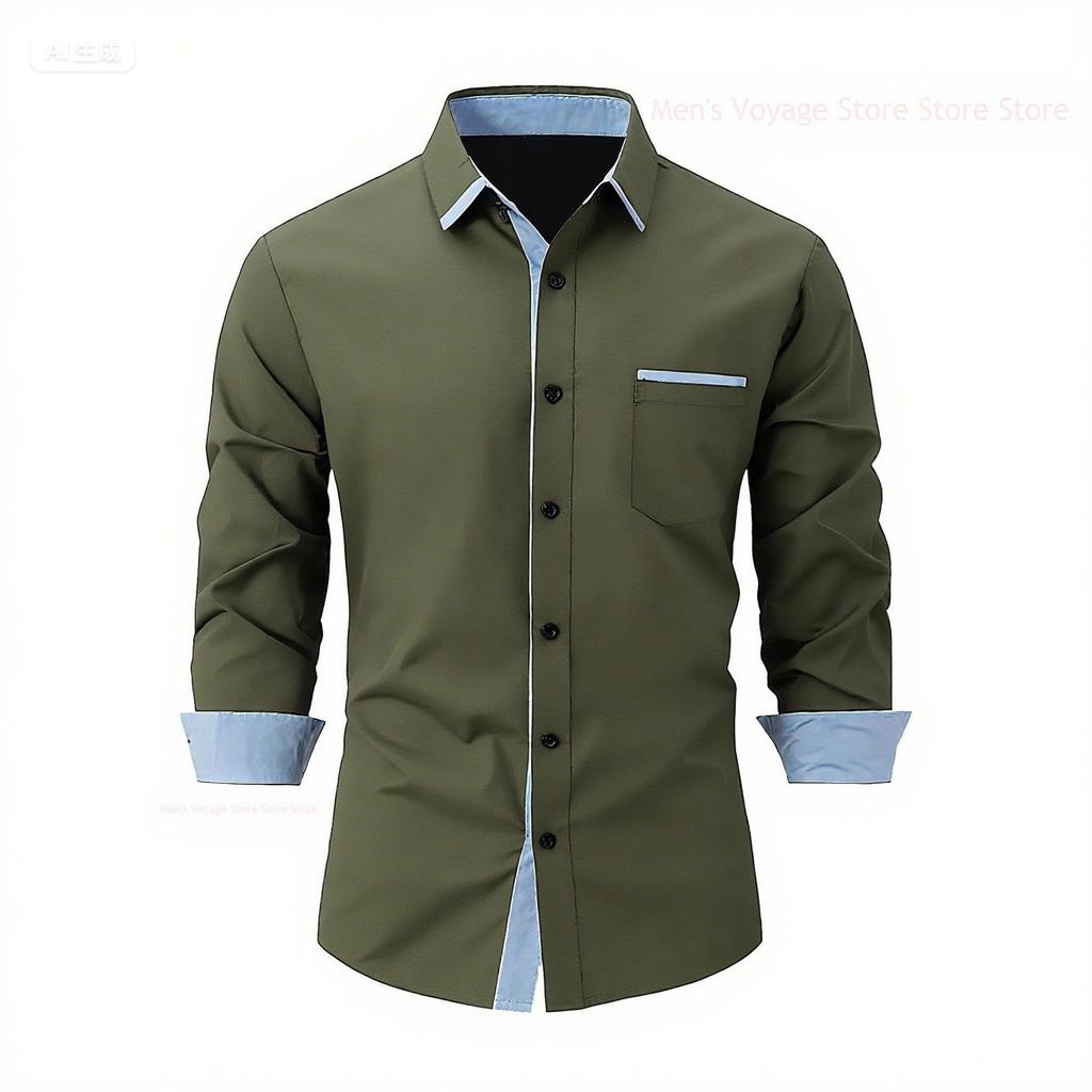 2025 Fashionable Men's Four-Way Stretch Men's Shirt Color Block Business Slim Long Sleeve High-End Shirt