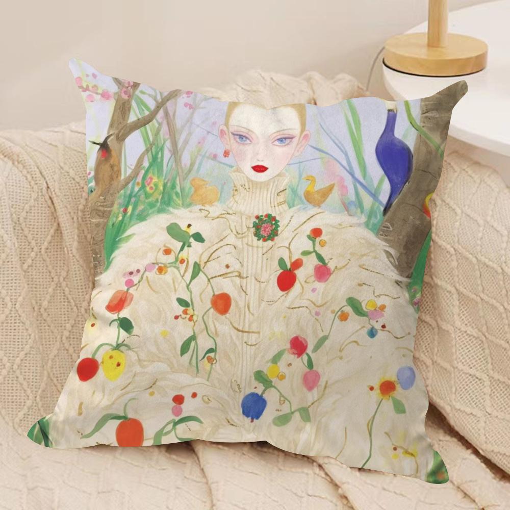 Fashion Illustration Cushion Cover Soft Plush Fabric Double-Sided Printed Sofa Cushion Cover for All Seasons Home Decor Gift