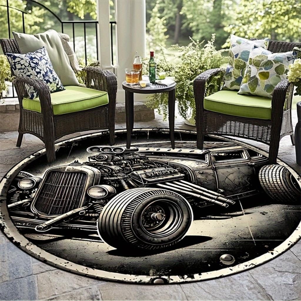 Vintage Car Engine Round Rug Flannel Printed Outdoor Patio Mat Automotive Decor Garage Theme Furniture Home Interior Design