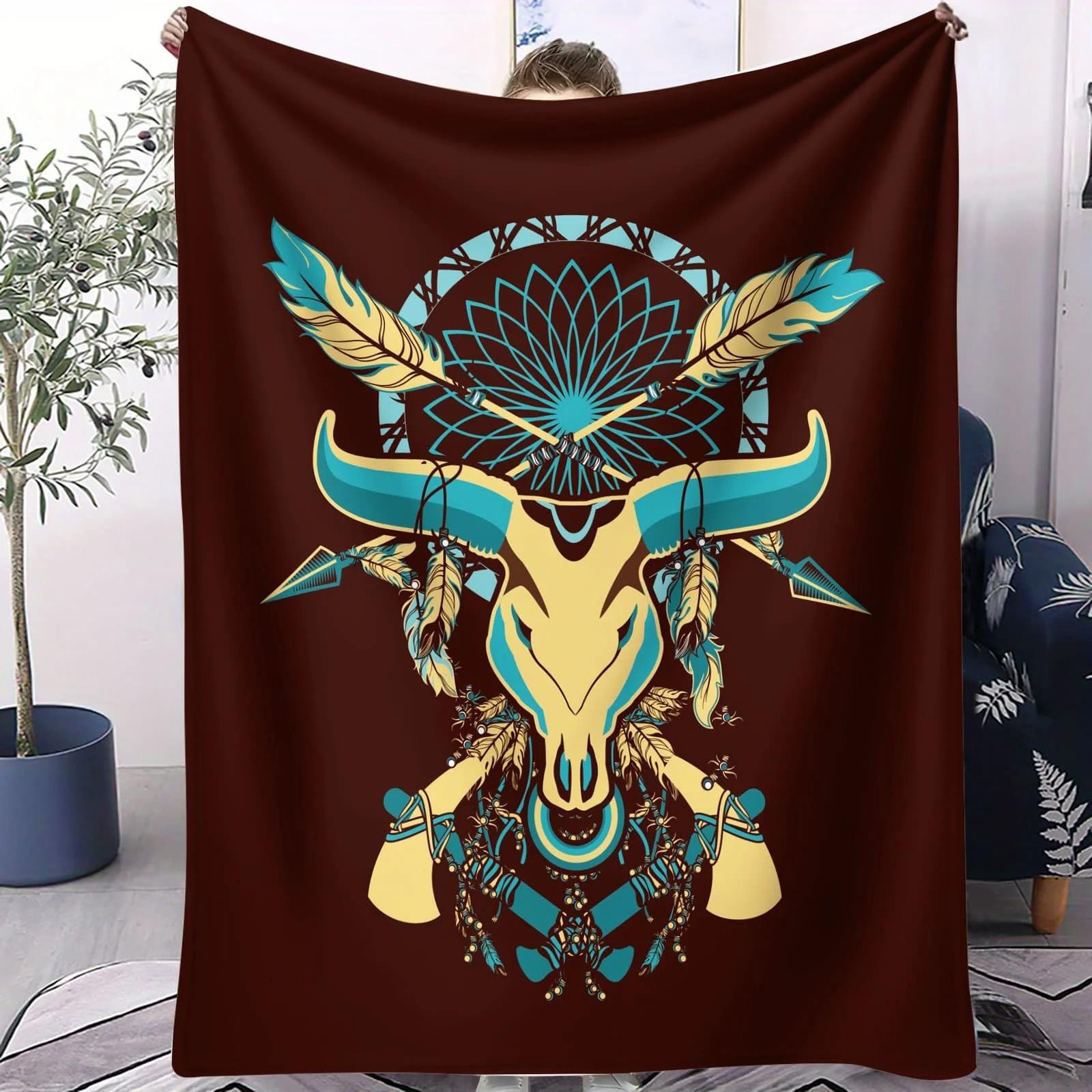Bohemian Animal Skull Flannel Blanket - Stylish Sofa Throw for Rustic Decor Warm Lap Wrap for Cozy Lounging Soft Throw Blanket 75X95CM
