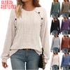 Women's Ribbed Knit Crew Neck Sweater Casual Button Detail Long Sleeve Pullover Blouse