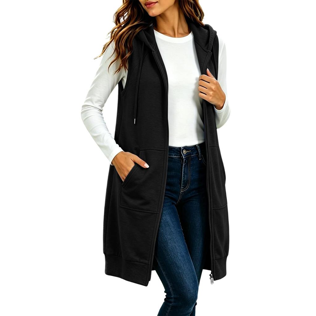 Women's Hooded Sleeveless Long Vest with Pockets - Color Loose Fit Casual Jacket