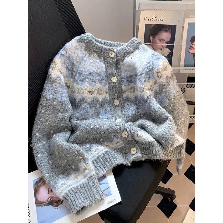 Women Print Sweet Cardigan Vintage Loose Lazy Wind Fall Winter Knitted Sweaters Casual Retro Lady Preppy Style Long Sleeve Tops