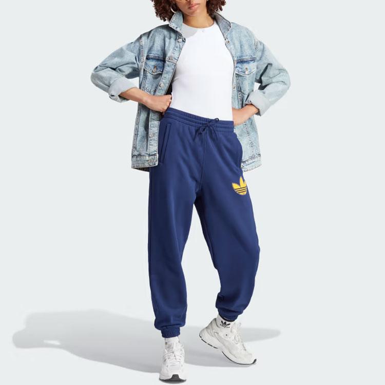Adidas Originals Pearl Trefoil Cuffed Sweatpants Logo Print Drawstring Loose Fit Joggers Women Bottoms Dark-Blue IL2423