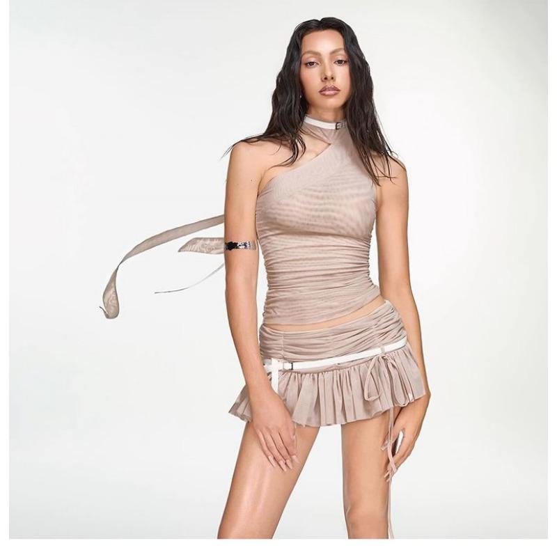 Womens Y2K Halter Neck Ruched Two Piece Set Ruffle Mini Skirt