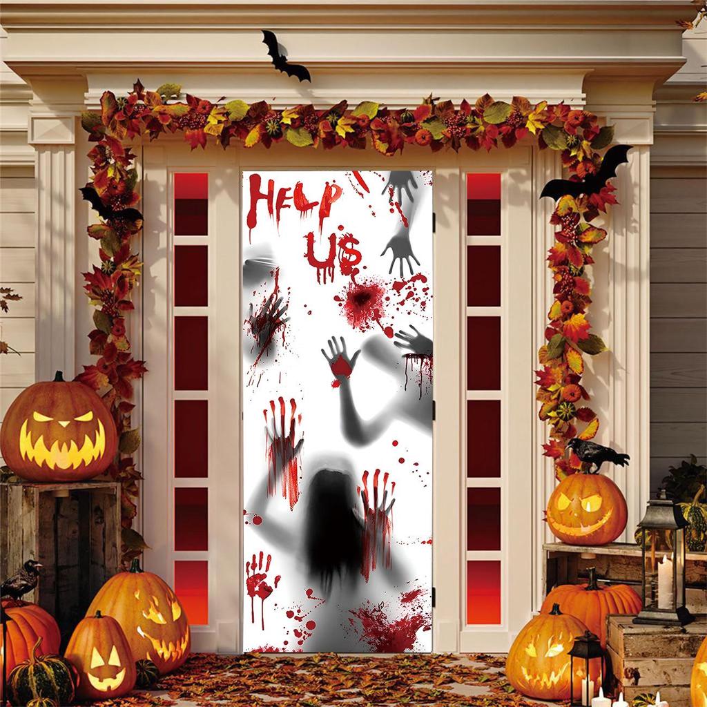 Four-Sided Stretch Carpet Fabric Door Cover with Halloween Design - Easy Installation