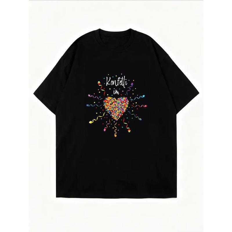 White Crew Neck T Shirt With Colorful Heart Confetti Print For Casual Wear