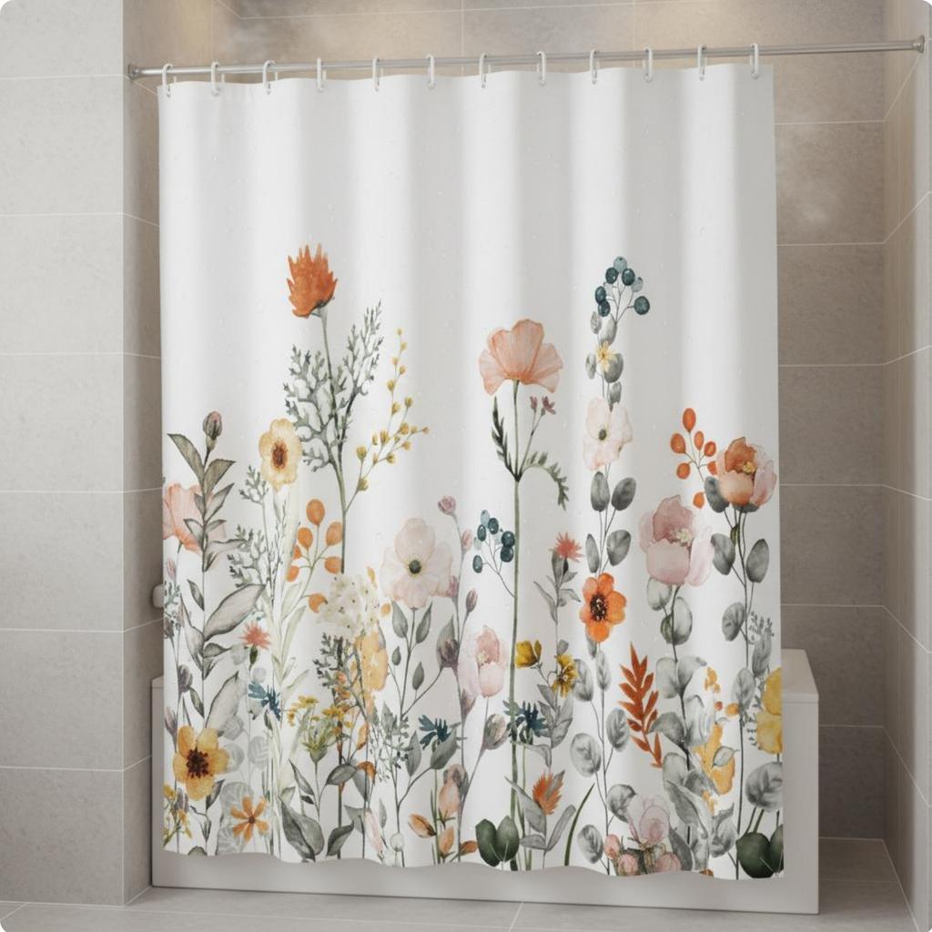 Floral Shower Curtain Waterproof Floral Print Bath Curtain Machine Easy-Care Quick-Drying