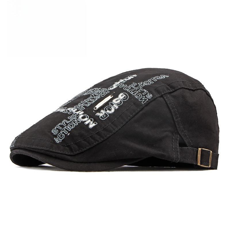 Unisex Washed Cotton Flat Cap Embroidered Letters Ivy Cap Retro Duckbill Hat Metal Plate Gatsby Cabbie Cap Adjustable Side Buckle