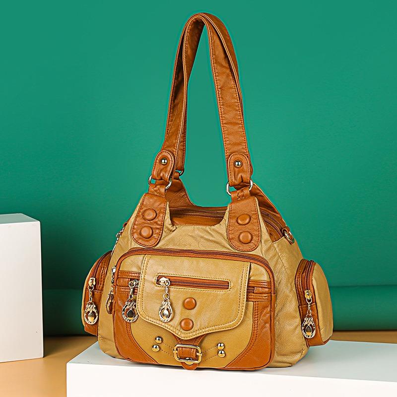 Trendy washed leather women's bag contrasting color bag shoulder crossbody portable soft leather large capacity multi-layer