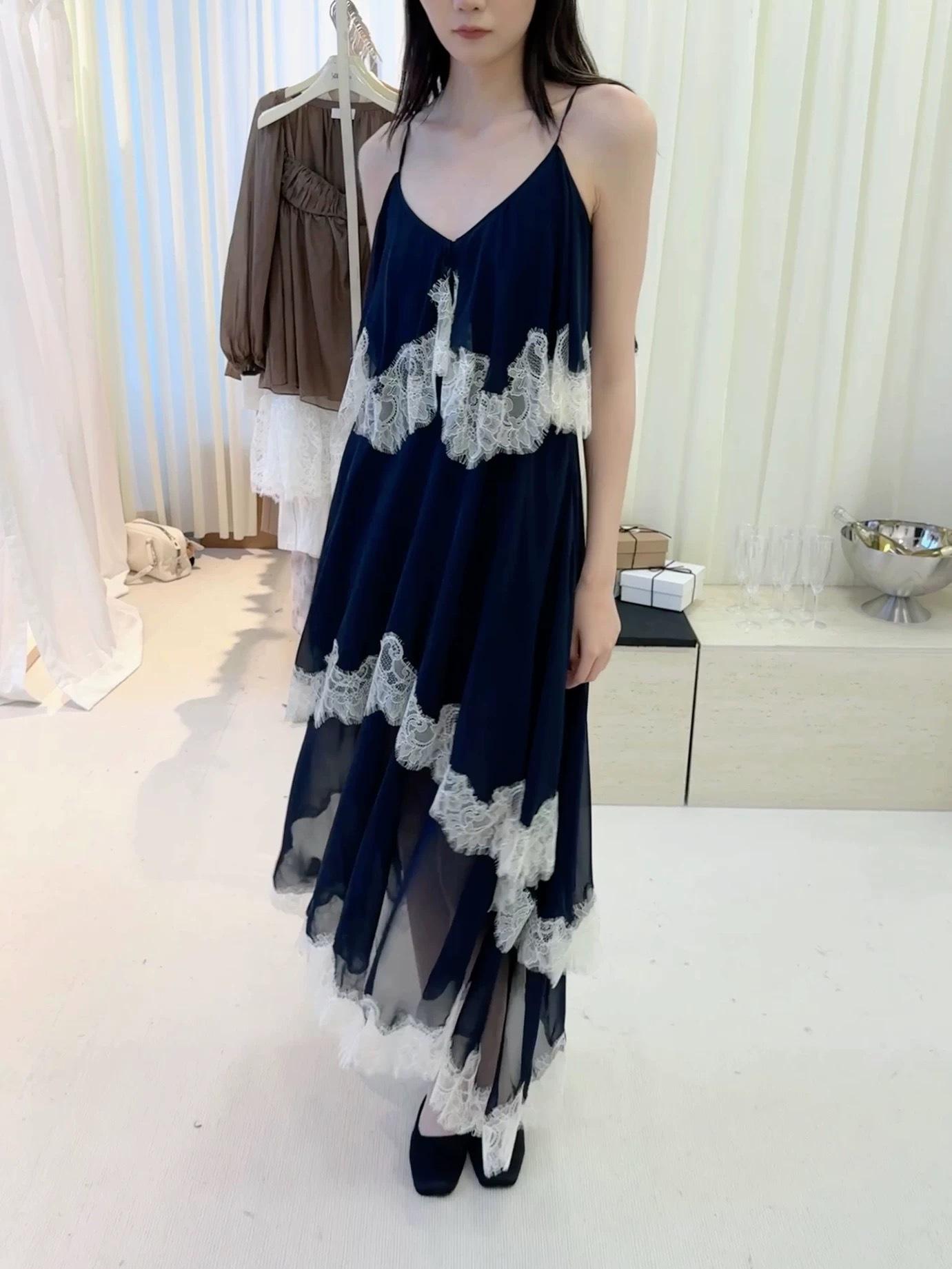 Misty Blue Lace Patchwork Camisole Dress - Spring 2026 Medium
