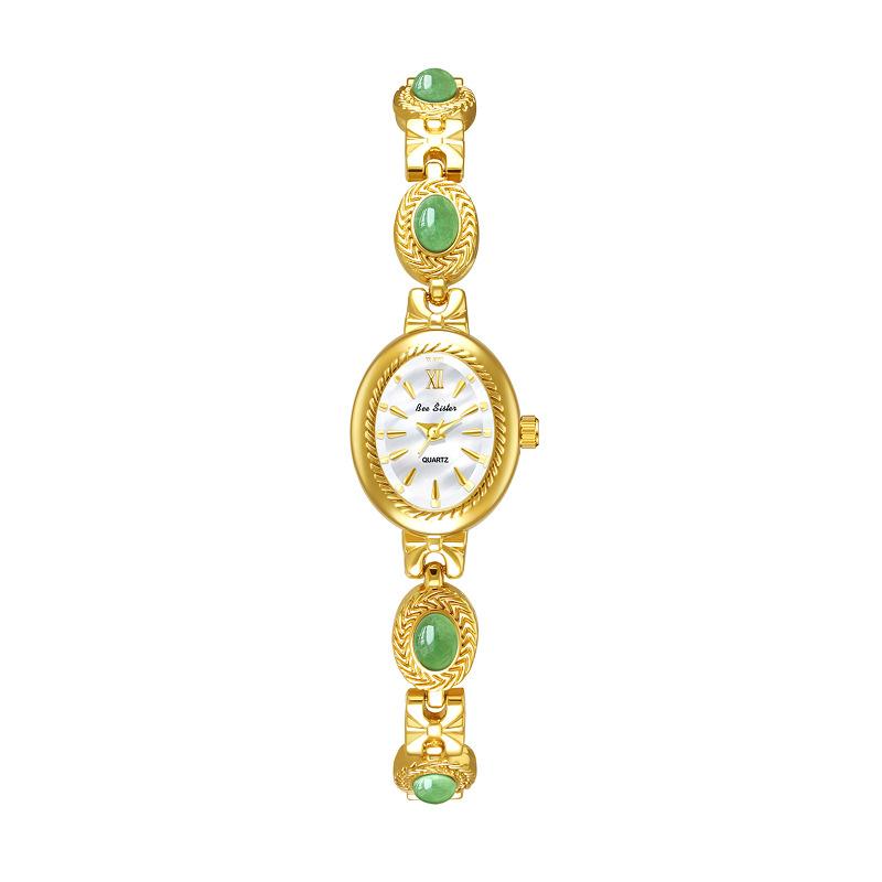 Vintage Oval Damenuhr Armbanduhr mit natürlichem Tigeraugenstein IP-beschichtete Legierung Quarz Uhr Retro Leichter Luxus Damenuhr für Kleider