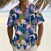 Camicia Hawaiiana da Uomo con Fiori Tropicali, Foglie di Palma, Estate, Bottoni, Aloha, Manica Corta
