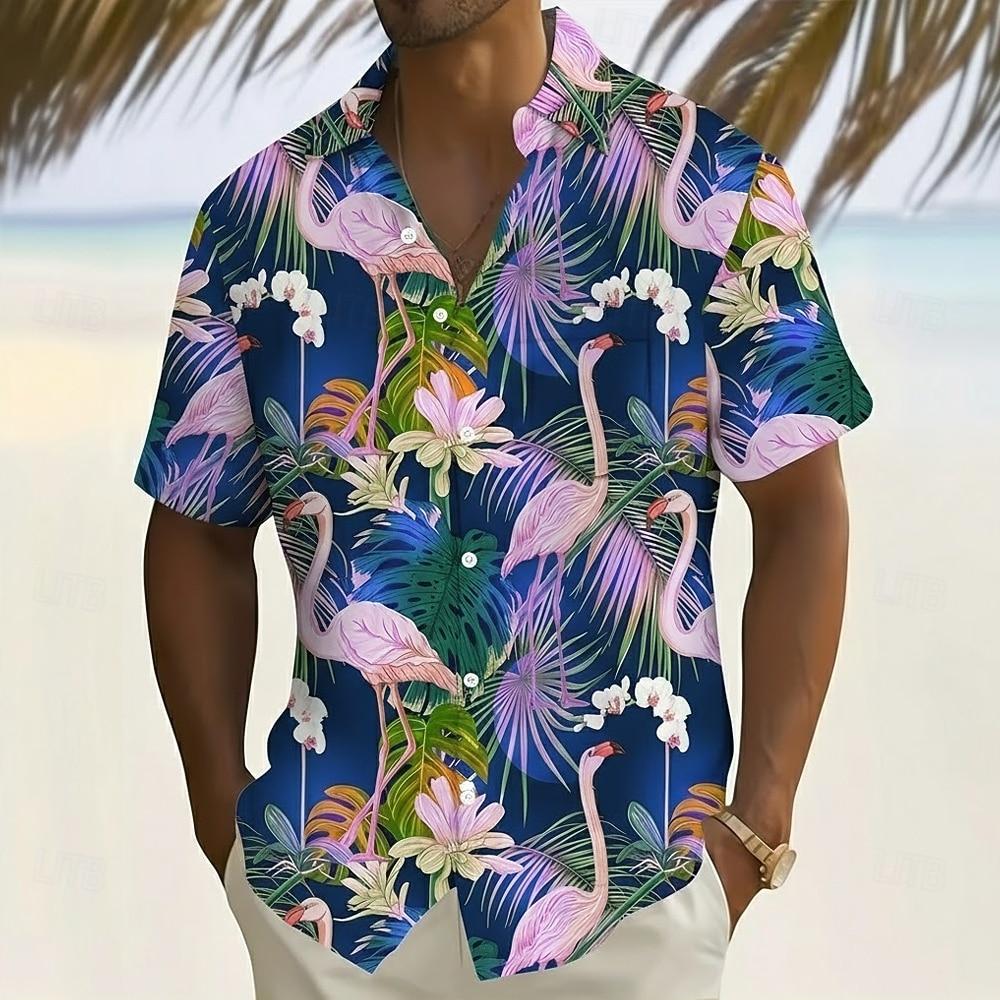 Camicia Hawaiiana da Uomo con Fiori Tropicali, Foglie di Palma, Estate, Bottoni, Aloha, Manica Corta