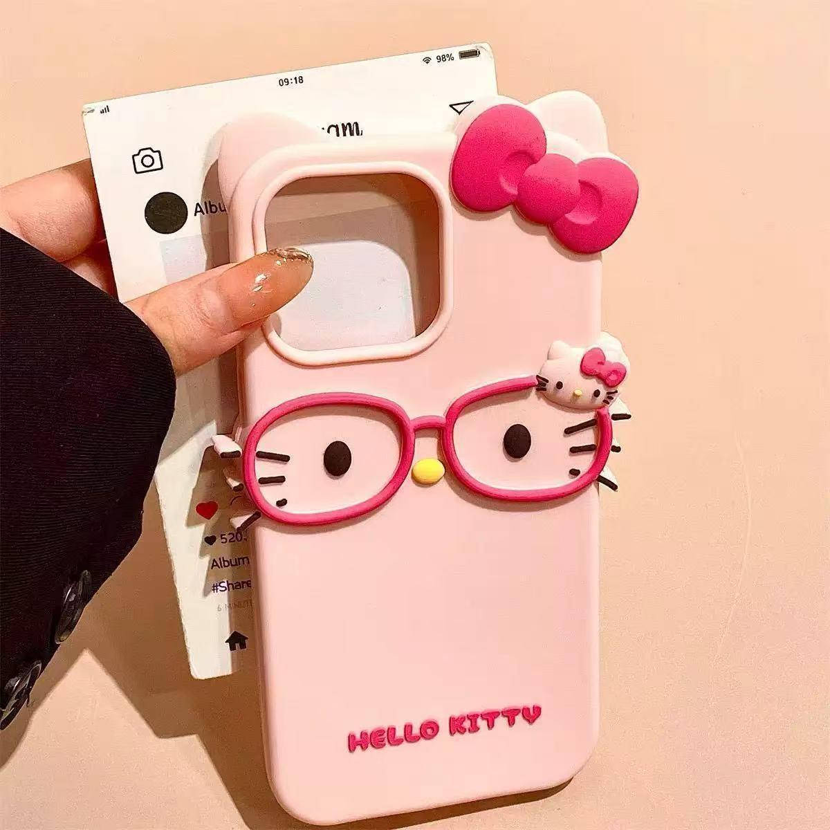 

3D Cartoon Cute Glasses KT Cat Silicone Phone Case for iPhone 11/12/13/16 iPhone 12