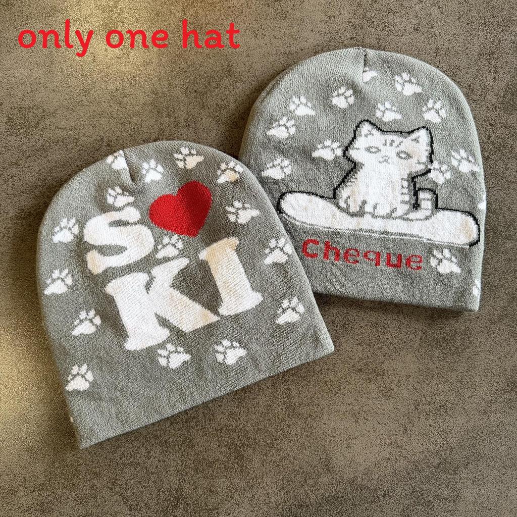 Acrylic Knit Hat With Cat And Letter Jacquard Design For Women Men In Autumn And Winter