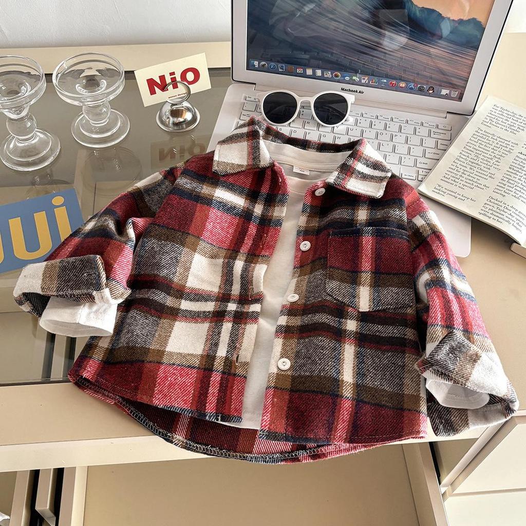 Kids' Retro Plaid Long-Sleeve Shirt with Lapel Collar - Unisex Autumn Cardigan Outerwear