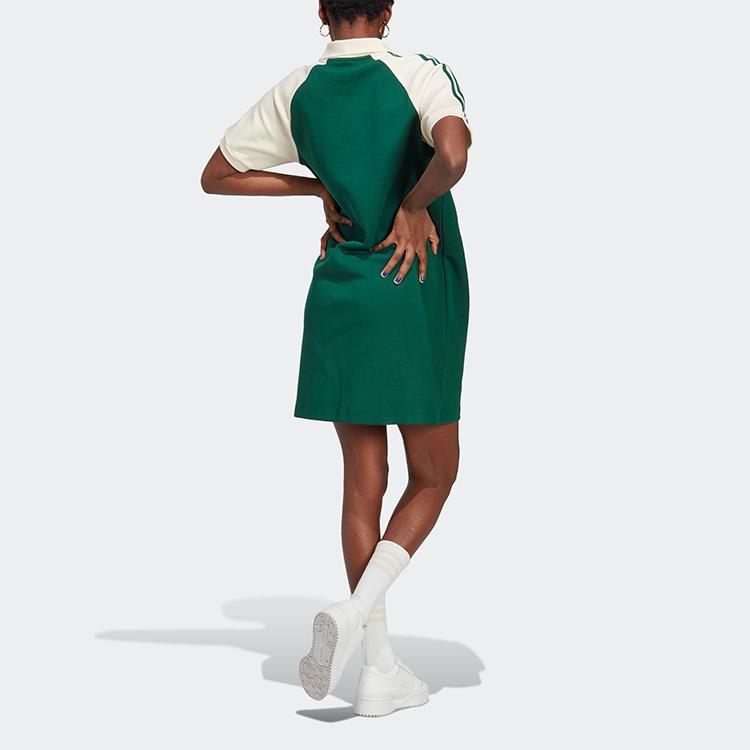 Adidas Originals Vintage American Striped Sport Polo Collar Short Sleeve Dress Women Dress Dark-Green IC5225