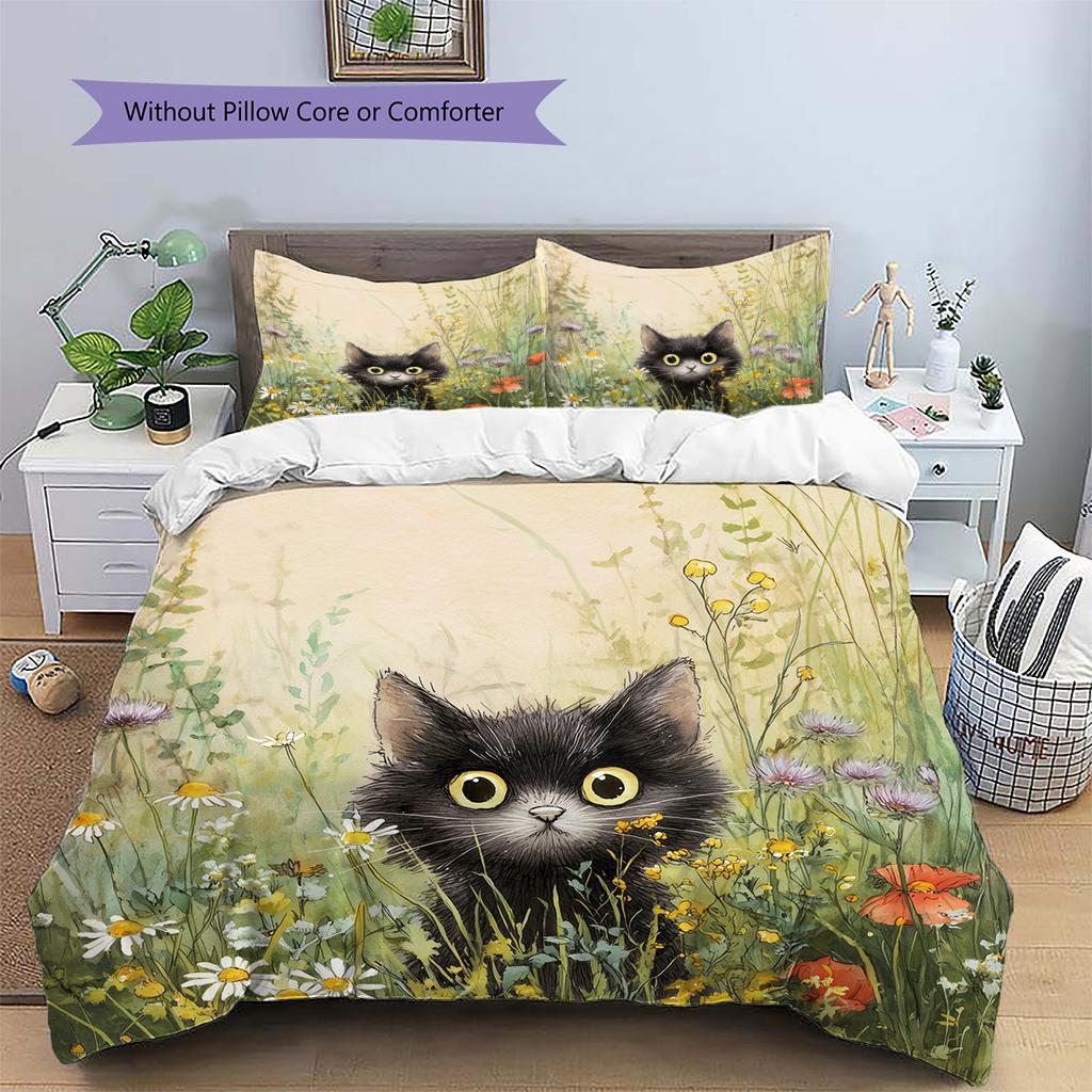 Cute Cat Pattern Bedding Quilt Set Home Decoration Gift (1 * Duvet Cover + 2 * Pillowcase Without Core)