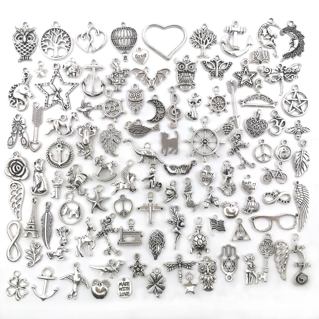 100 Vintage-Silber-Anhängerperlen mit Tieren, Pflanzen und Blumen für selbstgemachten Schmuck