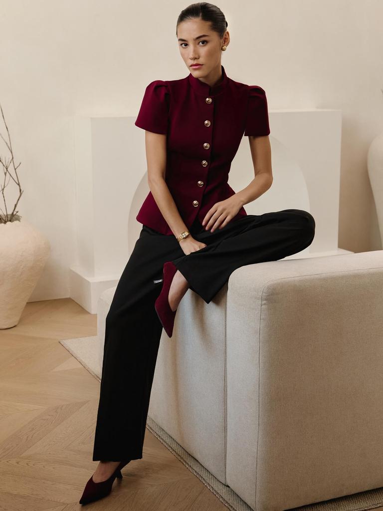 Spring/Summer 2026: Elegant Women's 3D Design Top with Lantern Sleeves & Metal Buckle