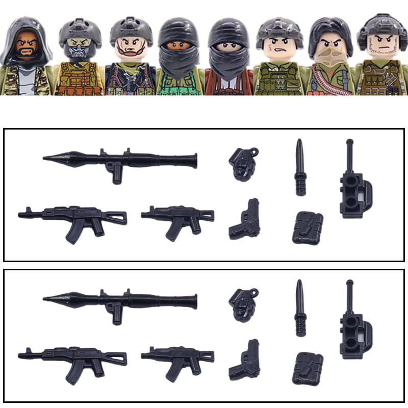 Non-Toxic City Accessories Moc Villain Gangster Figures Building Block Modern Soldier Mask Helmet Guns Bazooka Military Weapon Bricks Toys