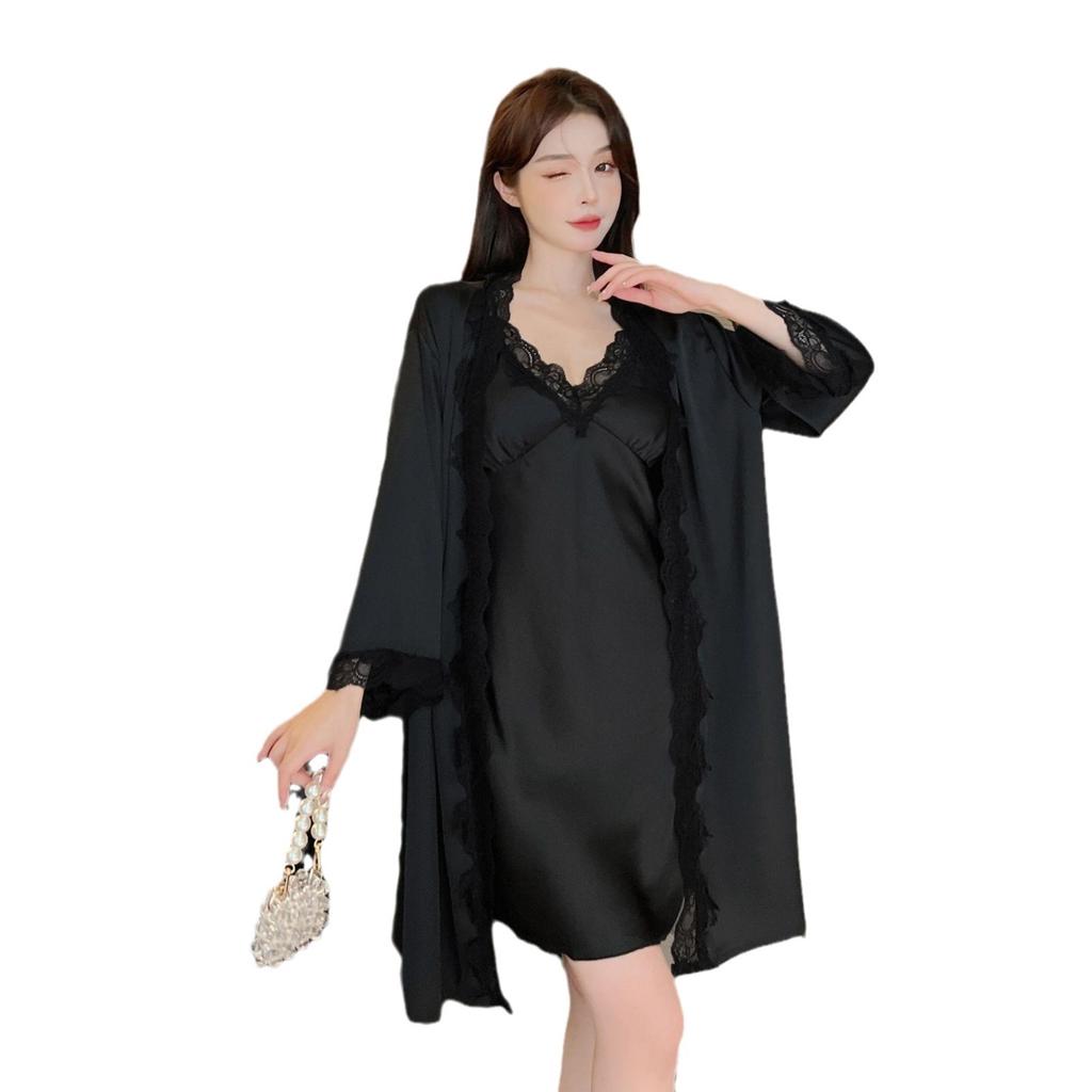Sexy pajamas women's ice silk thin style with chest pad, lace back suspender nightdress, two-piece set of loungewear can be worn outside