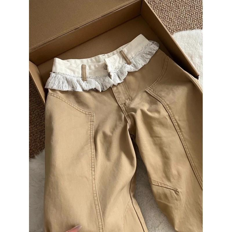 Khaki Lace Trim Wide Leg Denim Pants Women Loose Fit Cropped Flare Trousers Fall Winter Streetwear Small