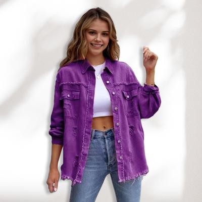 Women Denim Jacket Retro Single-breasted Ripped Hole Turn-down Collar Long Sleeves Solid