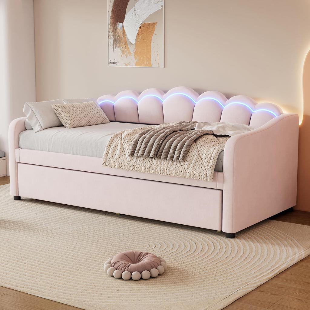 Schlafsofa Polsterbett 90 x 200 cm, Ausziehbares Bettsofa, Ausziehbett mit Rollen, mit LED-Licht, Samt minimalistisches Styling Ohne Matratze