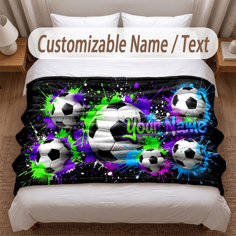 Soccer Theme Soft Blanket Personalized Custom Name Text Print Warm Blanket Home Sofa Bedroom Decor