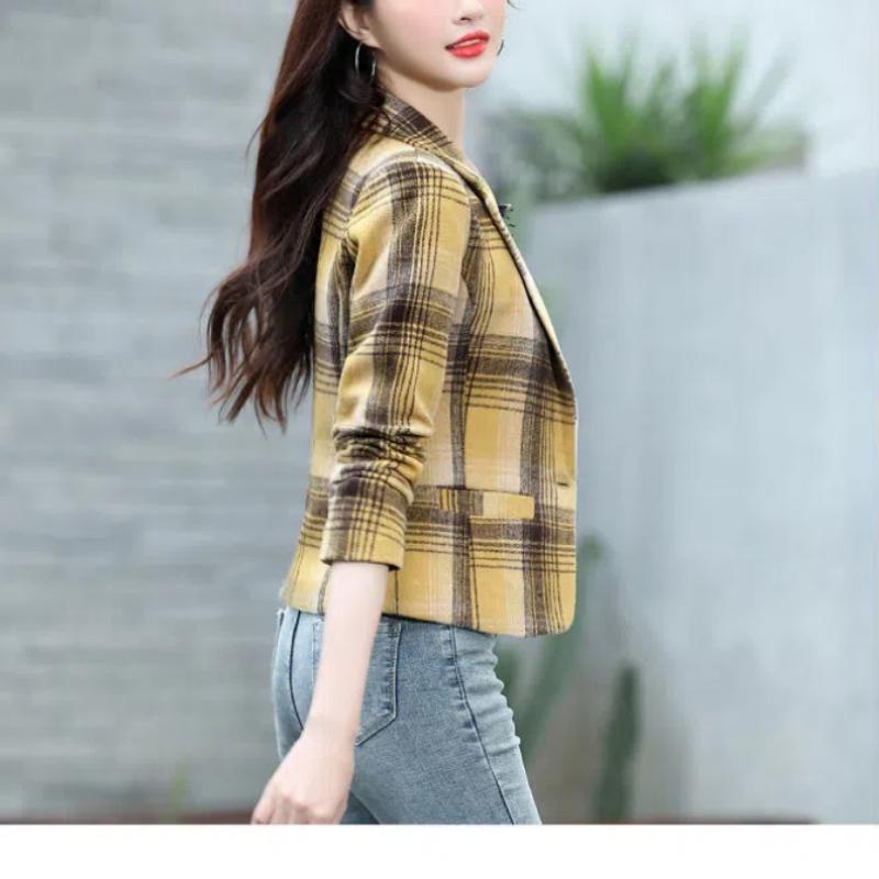 Autumn Winter Women's Clothing Turn-down Collar Cardigan Plaid Contrast Color Long Sleeve Coats Fashion Vintage Stylish Tops