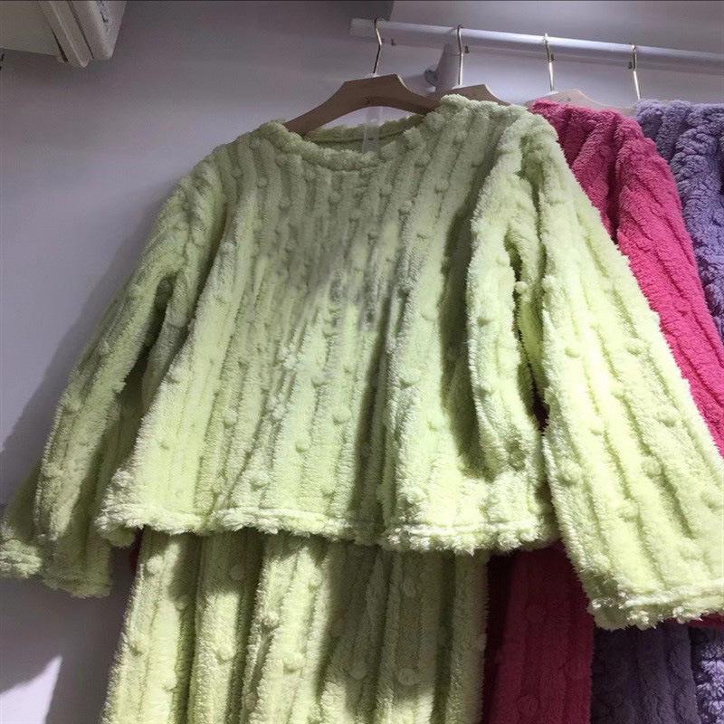 Women's Cute Cartoon Round Neck Flannel Pajamas - Warm Striped Coral Fleece Homewear Set for Autumn and Winter