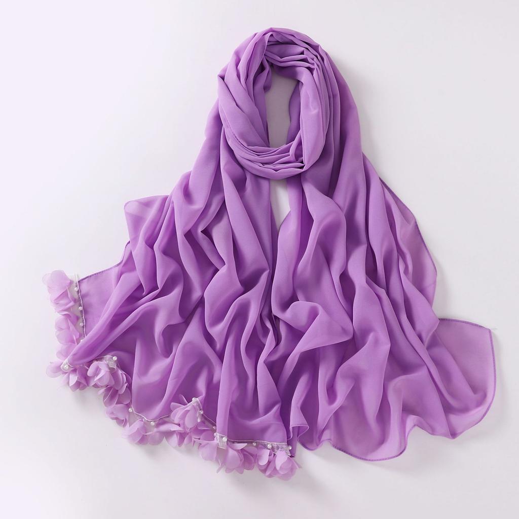 Fashion Bubble Pearl Chiffon Scarf Flower Beads Hijab Muslim Women Headscarf Turban Shawl Wrap Islam Veil Stoles Scarves Bufanda