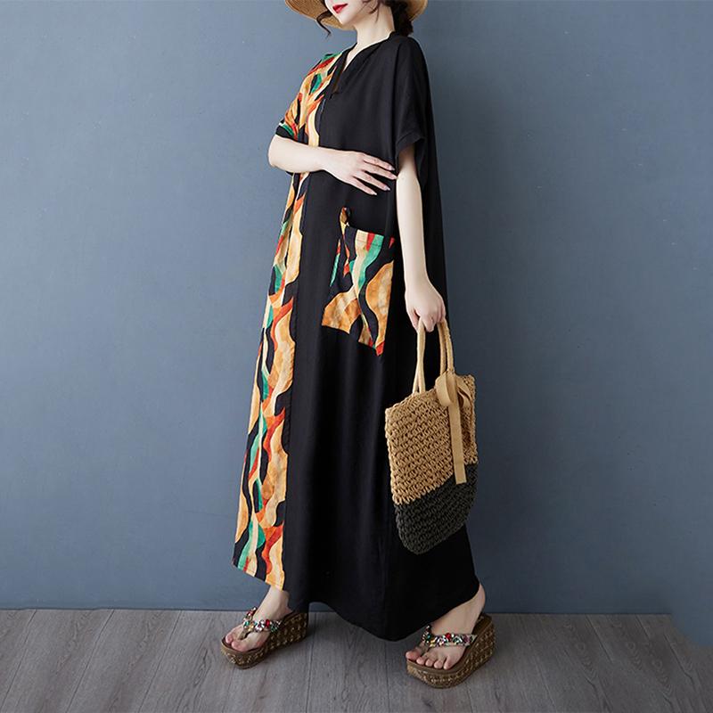 XITAO Print Patchwork Pocket Dress ZMY1085