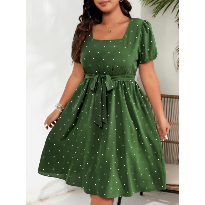 Summer Large Size Retro Polka Dot Dress Women Elegant Slim Waist Cinched Lace Up Square Neck Party Dress Fashion Elegant Sweet Casual Holiday Dresses
