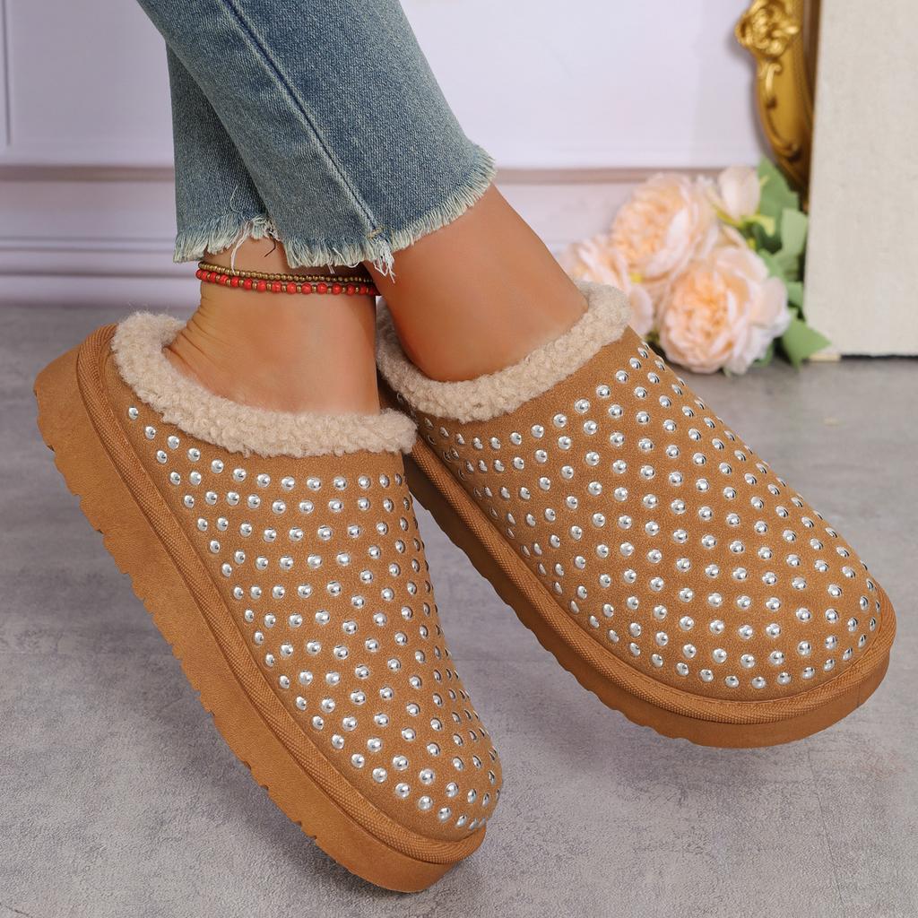 Fashion Autumn Winter Fashion Platform Slippers for Women 2025 Rhinestone Warm Plush Cotton Shoes Comfortable Non-slip Home Slippers