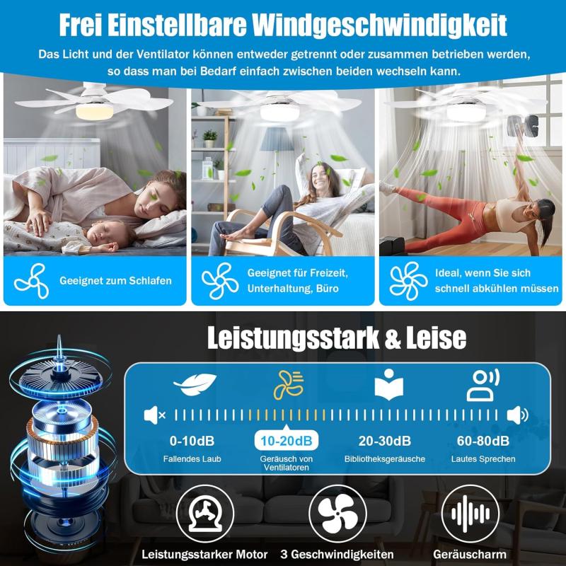 Ceiling Light with Fan,Ceiling Fan with Lighting and Remote Control,Small Quiet Ceiling Fan with 3 Wind Levels,Dimmable,Timing Function for Bedroom