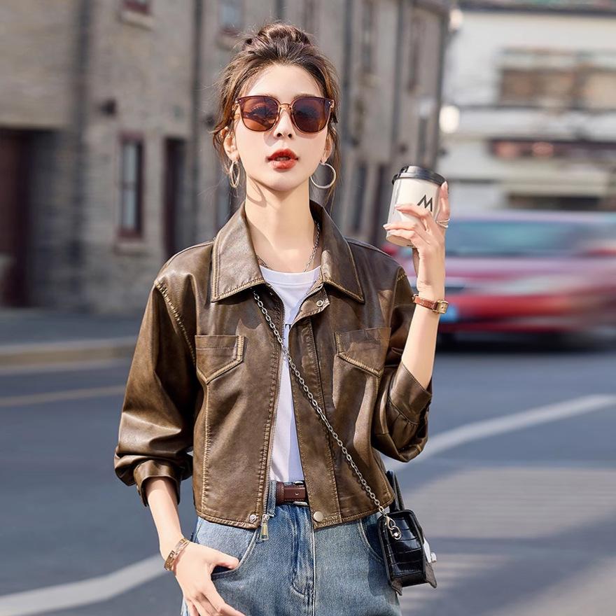 

Женская кожаная куртка, пальто, новое дизайнерское чувство, ретро, куртка-локомотив, маленький короткий топ L кофейный