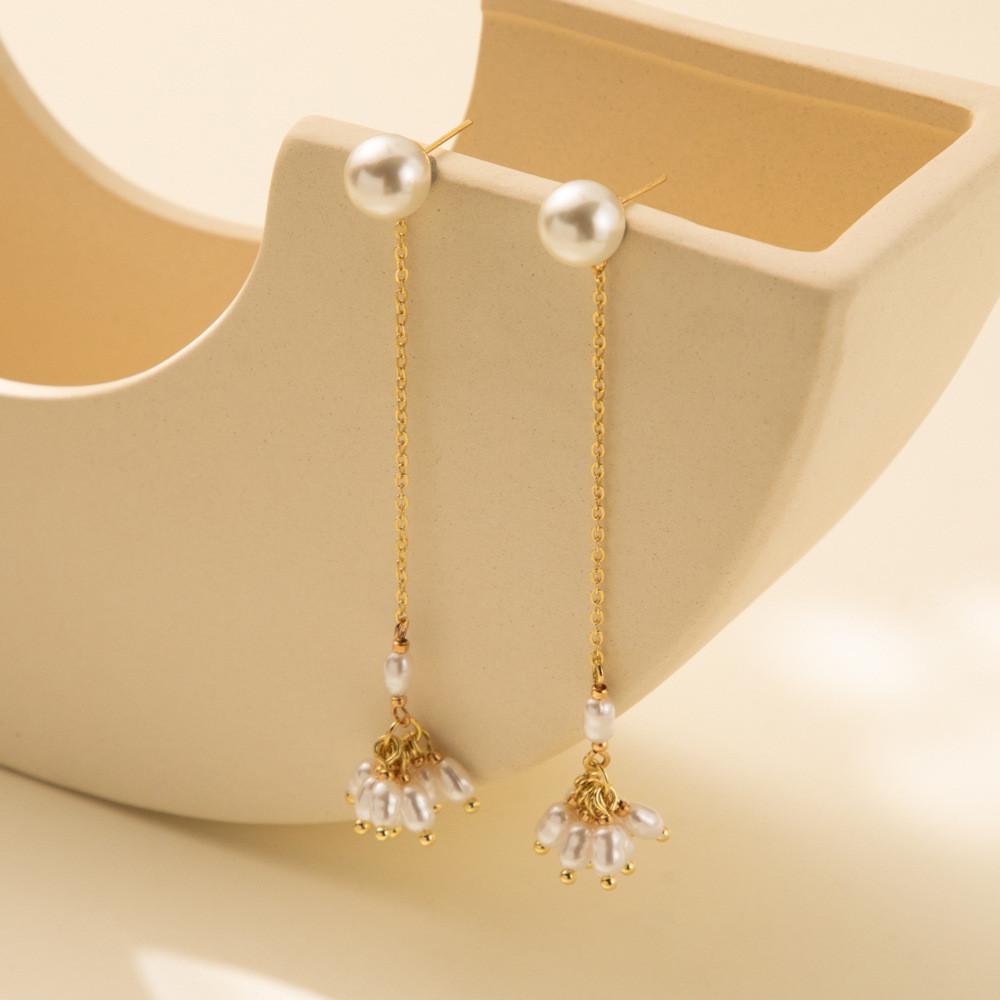Sophisticated Pearl Geometric Earrings Gold Tassel Long Dangle Earrings For Women
