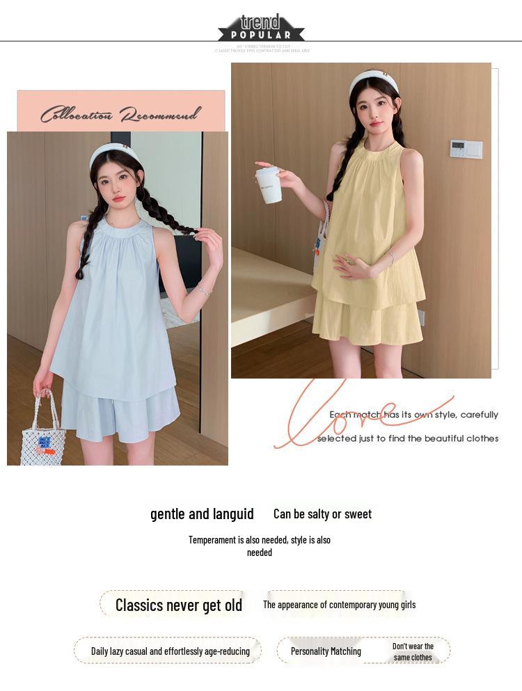 Francuski Uroczy Ciążowy Zestaw Babydoll Bez Rękawów Top i Szorty - Lato 2024