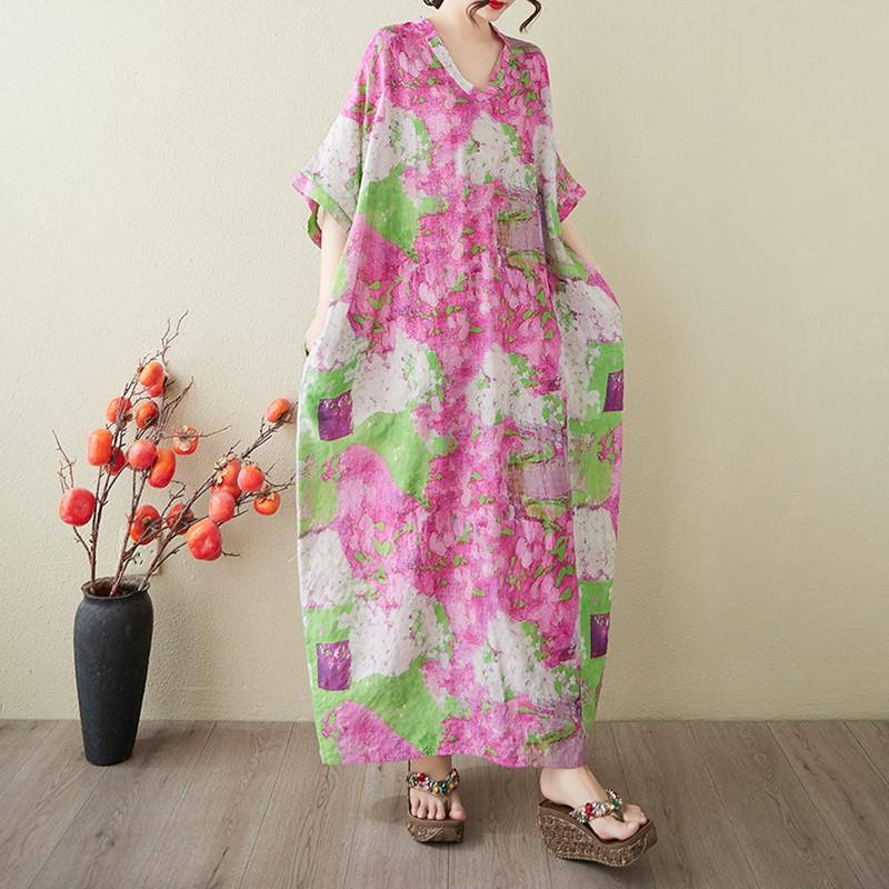 Short Sleeve Plus Size Cotton Vintage Floral New In Dresses for Women Casual Loose Maxi Long Summer Dress