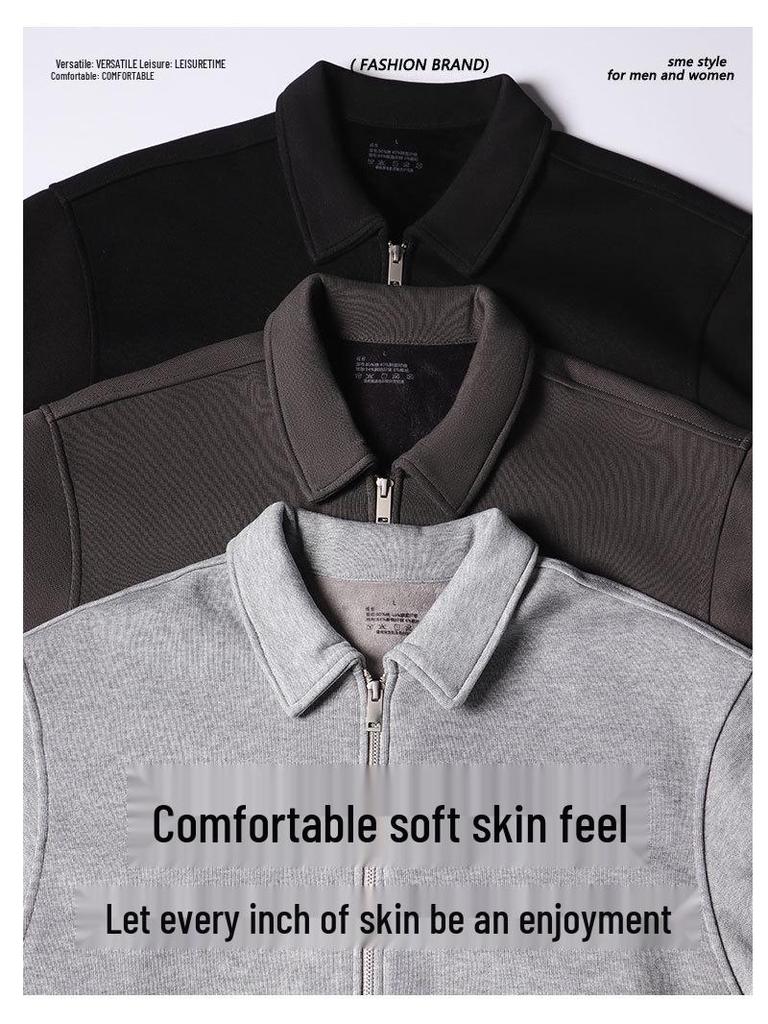 Men's Trendy Japanese Retro Silver Fox Velvet Hoodie - Heavyweight, Solid Color, Zipper Lapel Jacket for Autumn Winter