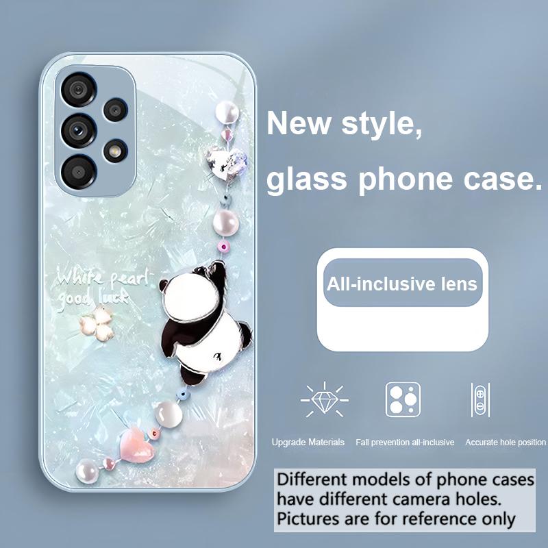 Beaded Panda Silver For Samsung Galaxy S23 U Ltra 24 Plus S20 21 FE S25 Ultra A70 A72 73 51 52 53 Tempered Glass Phone Case