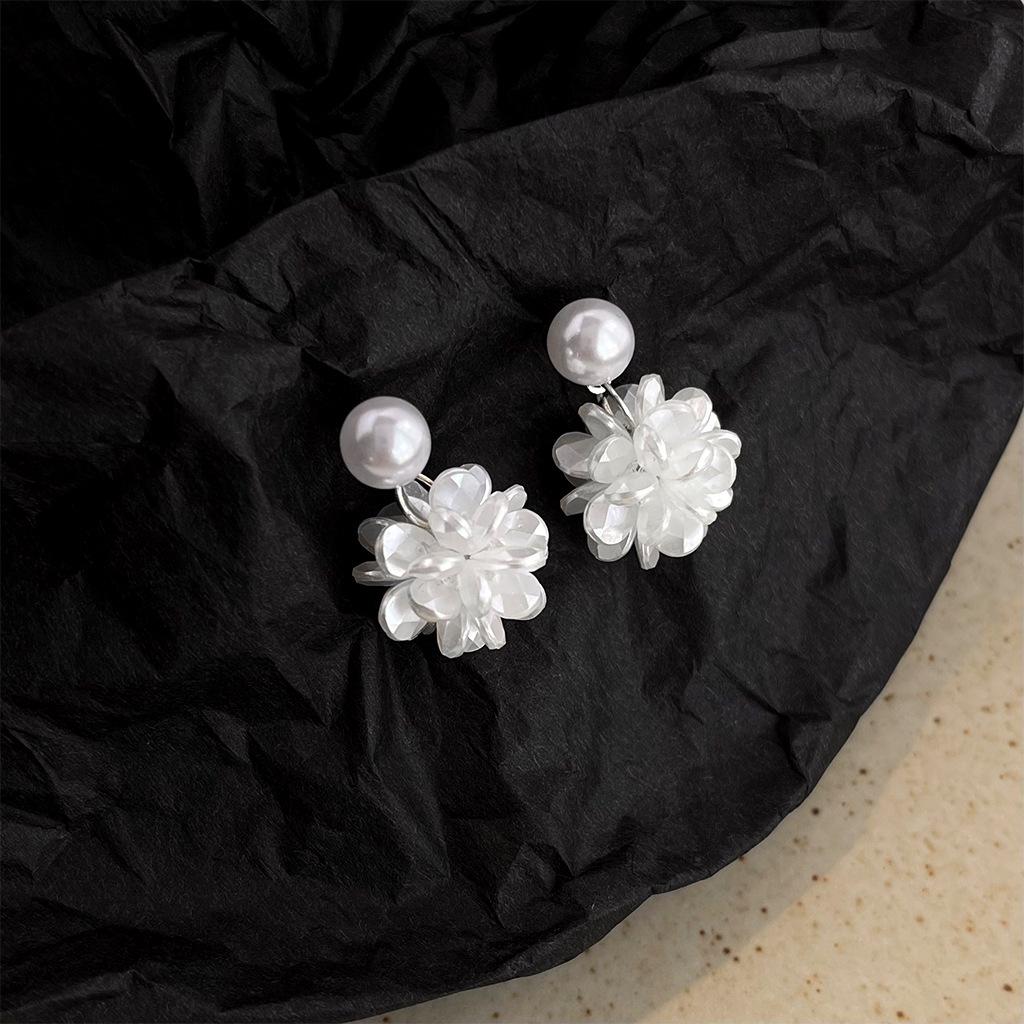 Elegant White Hydrangea Pearl Stud Earrings - Mori-kei Fairy Flower Petal Accessories for Women