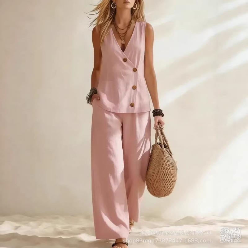 Womens Sleeveless Button Vest And Wide Leg Pants Set