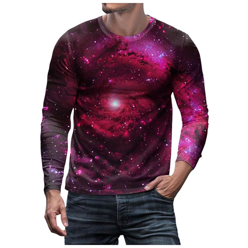 3D Brilliant Starry Sky Printed Top Casual Long Sleeved Men's T-shirts - Soft Medium Stretch Polyester Fabric Spring and Autumn Relaxed Fit Clothing